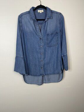 Cloth & Stone Women's Chambray 3/4 Sleeve High Low Button Down Shirt Size M